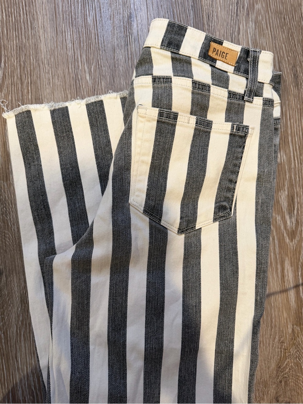 PAIGE Women's Black & White Vertical Stripe Straight Leg Jeans